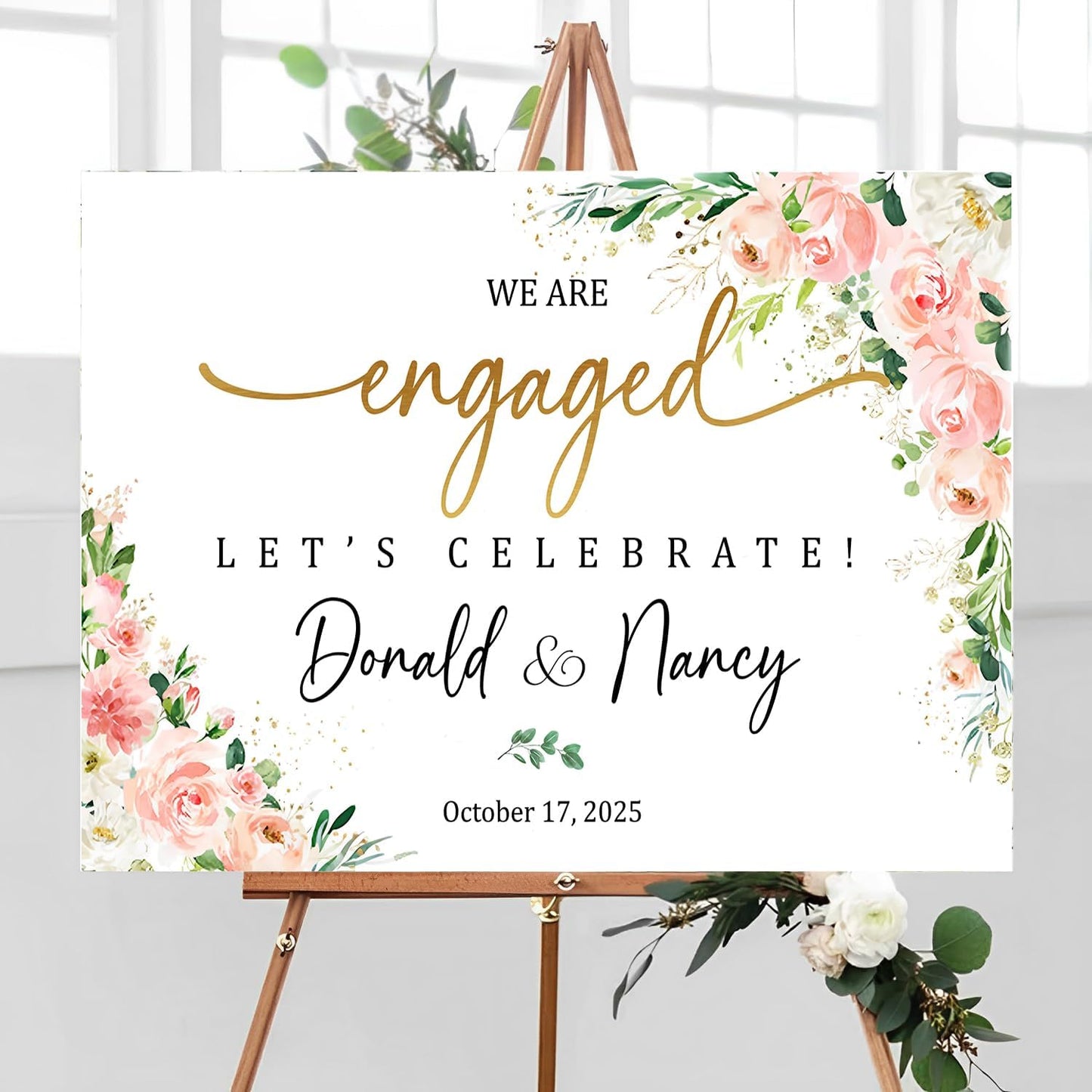 We Are Engaged Sign, Floral Engagement Signs For A Party, Engagement Party Gifts For Couples, Engaged Party Decorations, Wedding Welcome Sign With Stand