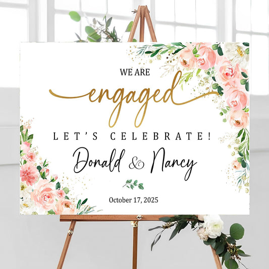 We Are Engaged Sign, Floral Engagement Signs For A Party, Engagement Party Gifts For Couples, Engaged Party Decorations, Wedding Welcome Sign With Stand