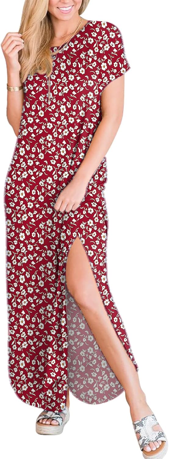 ANRABESS Womens Summer Maxi Dress Short Sleeve Casual Loose Long T Shirt Dresses Split Vacation Beach Sundress Travel Outfits