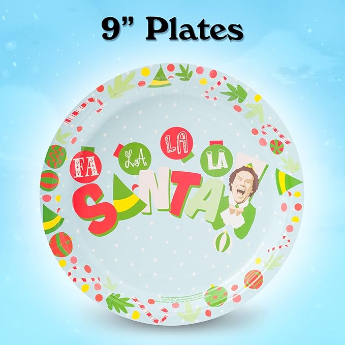 Silver Buffalo Elf Buddy the Elf Fa La La Santa Snow Christmas 32 Pack Partyware Disposable Paper Plates and Napkins
