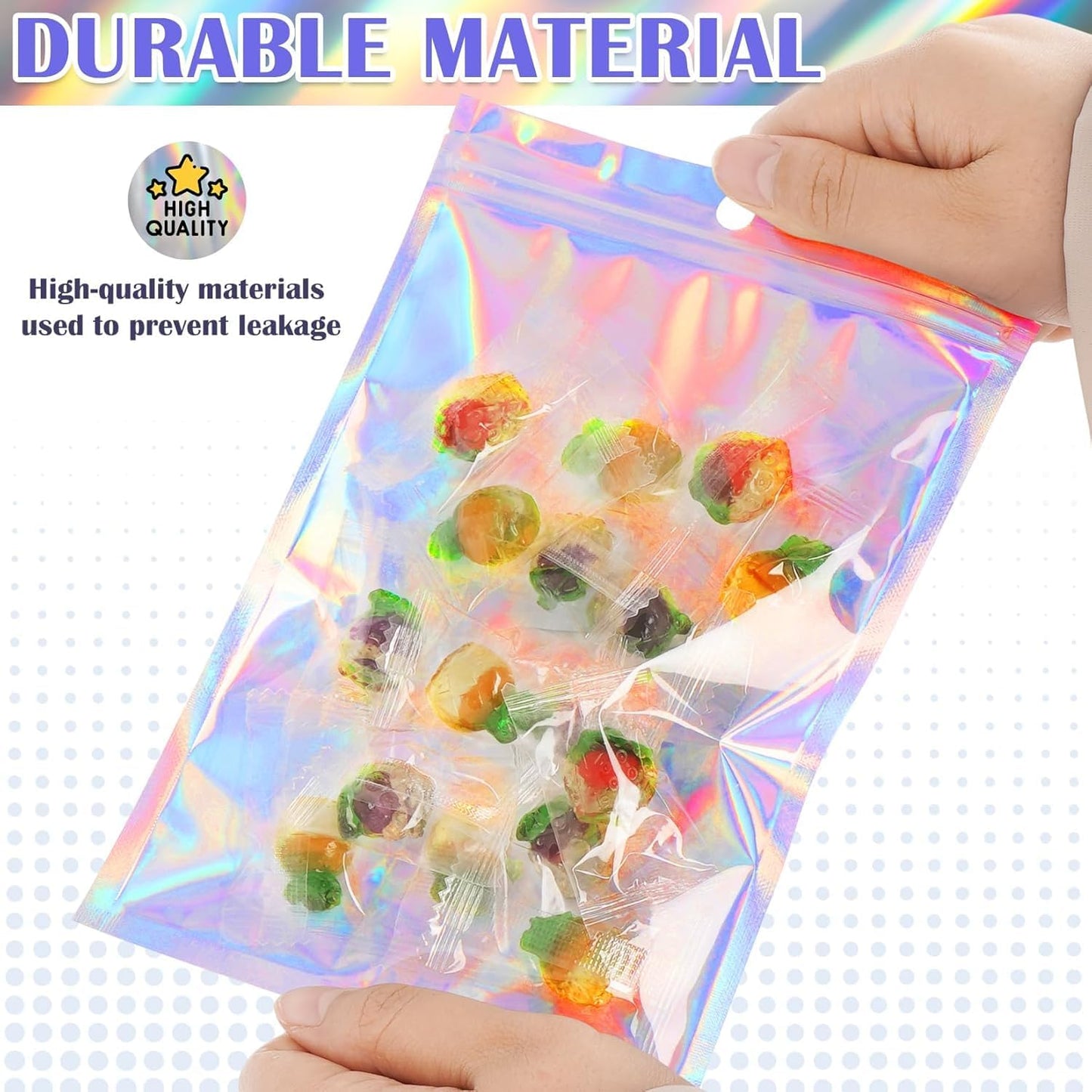 300 Pcs Mylar Bags, Smell Proof Bags Foil Pouch, Holographic Resealable Bags for Small Business, Candy Sample Jewelry Bag Sealable Packaging for Party Favor Food Storage (2.4x3.9in)