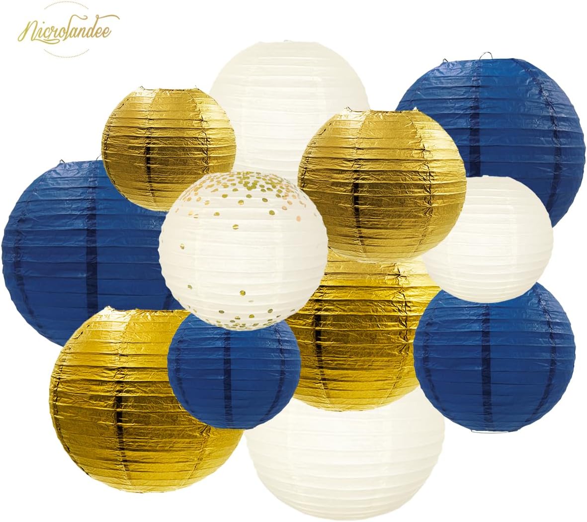NICROLANDEE Party Decorations - 12PCS Navy Blue Gold Glitter Hanging Paper Lanterns for Graduation Decoration, Birthday, Bridal Shower, Wedding, Engagement, Bachelorette, Gender Reveal Party Supplies