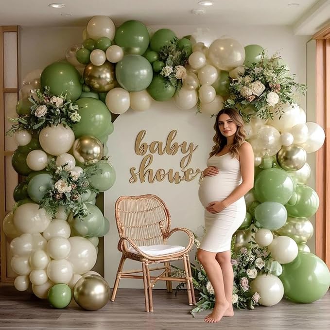 Green White Balloon Garland Double Stuffed Sage Green Gold Pearl White Balloons Arch Kit Dusty Pastel Cream Sand Latex for Christmas Baby Shower Birthday Engagement Party Decorations