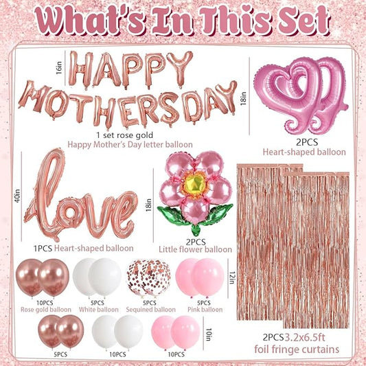 Mothers Day Decorations, Pink Rose Gold Happy Mother's Day Balloon Garland Kit with Best Mom Theme Love, Flower,Butterfly Balloons Foil Curtain for Girls Women Mother's Day Party Supplies