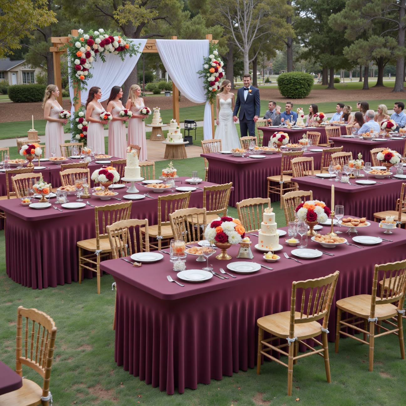 Outpain 6ft Spandex Table Cloth for Standard Folding Tables-6Pack Burgundy Table Cloth Table Protector for Party, Wedding, Cocktail, Banquet, Festival