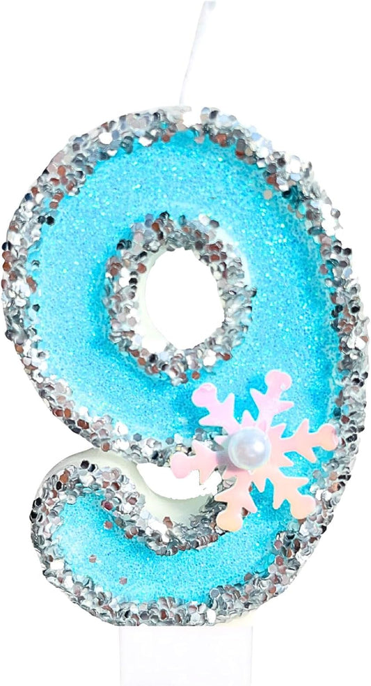 Frozen Birthday Number Candles for Cake, Blue Number 9 Candle, 9th Frozen Cake Topper, Fun Glitter Birthday Candles Cupcake Topper for Party Anniversary Decorations