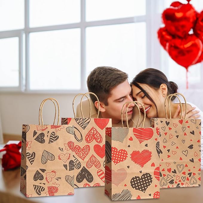 piqiya 24pcs Valentine Gift Bags Bulk,Kraft Paper Gift Bag with Handle,Valentines Gift Bags for Gift Wrapping,Anniversary,Valentine‘s Day Party