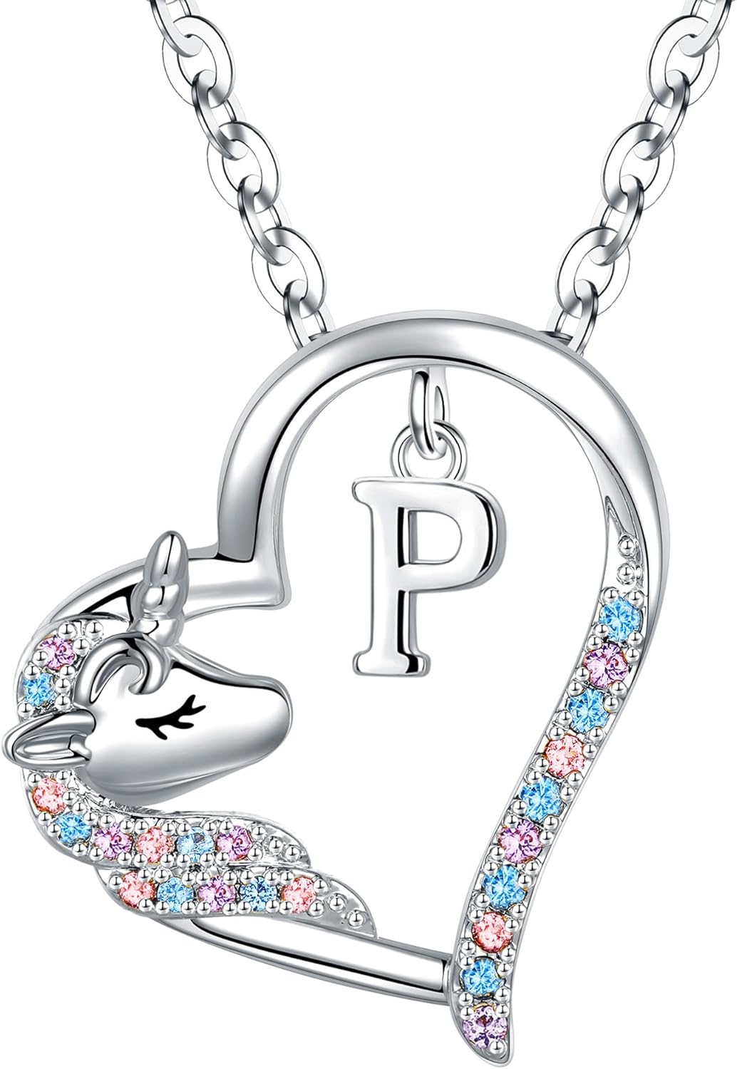 Anoup Unicorn Gifts for Girls Necklace - Colorful CZ Heart Pendant A-Z Initial Necklaces Cute Unicorns Jewelry Birthday Gift for Girl
