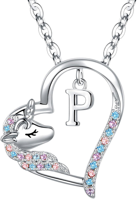 Anoup Unicorn Gifts for Girls Necklace - Colorful CZ Heart Pendant A-Z Initial Necklaces Cute Unicorns Jewelry Birthday Gift for Girl