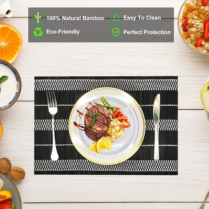 ANDSTAR Set of 8 Pcs Bamboo Placemats Natural Anti-Slip Bamboo Placemats Washable Heat-Resistant Table Mats for Dining Room and Kitchen （Black+White）