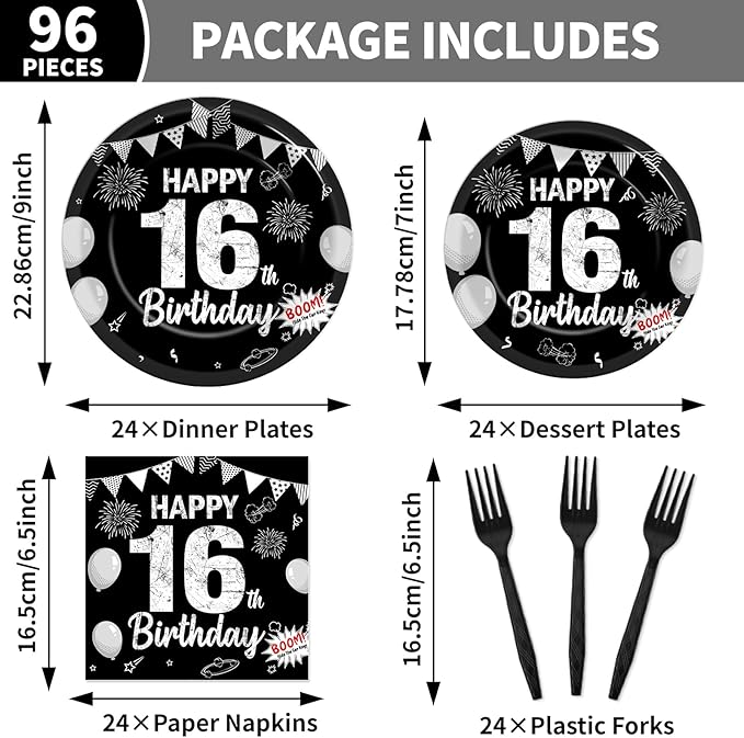 96PCS 16th Birthday Party Paper Plates and Napkins Black Silver 16th Birthday Supplies for Boys and Girls Disposable Dessert Plates Happy 16 Year Old Party Kids Birthday Gatherings Decorations