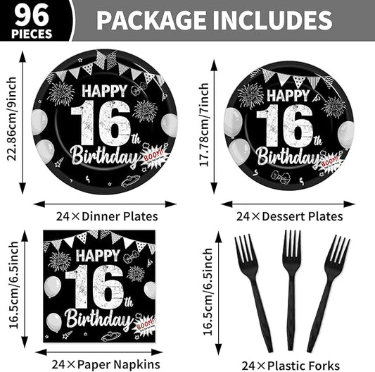 96PCS 16th Birthday Party Paper Plates and Napkins Black Silver 16th Birthday Supplies for Boys and Girls Disposable Dessert Plates Happy 16 Year Old Party Kids Birthday Gatherings Decorations