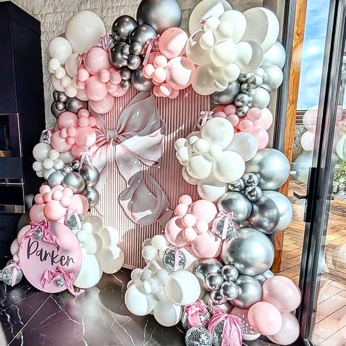 Pink White Silver Balloons Arch Kit, 162pcs Winter Wonderland Garland with Pastel Pink White Metallic Silver and Confetti Balloons for Wedding Princess Snowflake Theme Birthday Party Decorations