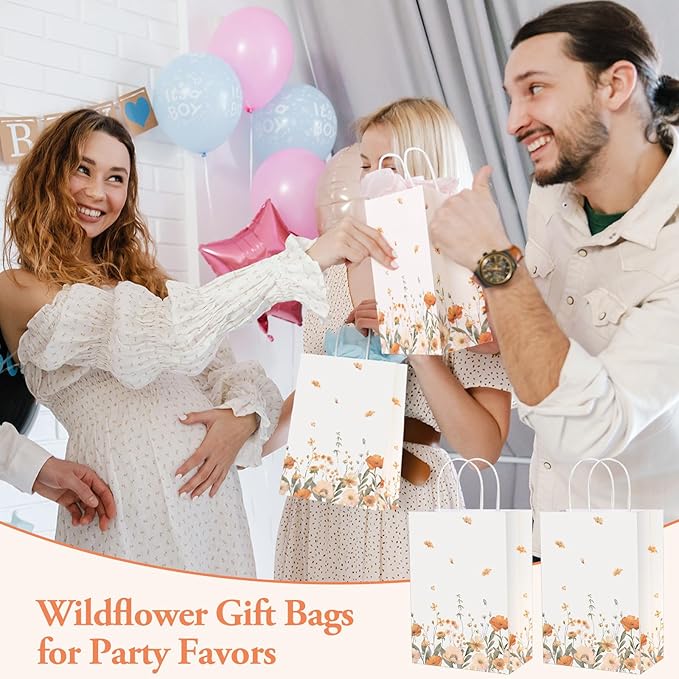 Marspark 24 Pcs Thanksgiving Floral Paper Gift Bags Wildflower Treat Bag with Handles for Wedding Birthday Baby Shower Autumn Floral Candy Goodie Bag for Guests, 8.3'' x 5.9'' x 3.1''(Vintage)