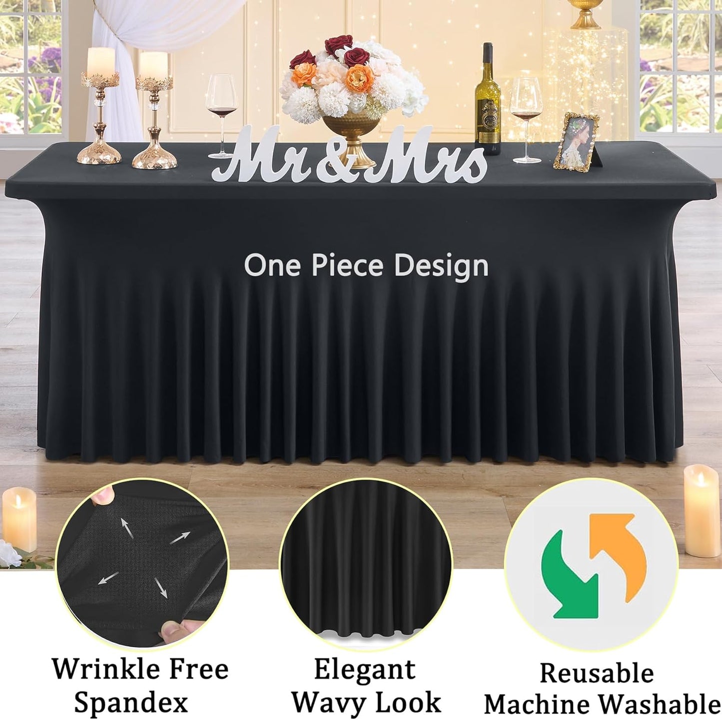 4pk Black Spandex Tablecloths 6ft for Rectangle Tables, Wrinkle Free Classy Table Skirt Stretchy Fitted Table Cloths Covers 6 Foot for Weddings Birthday Party Events Banquette Baby Shower
