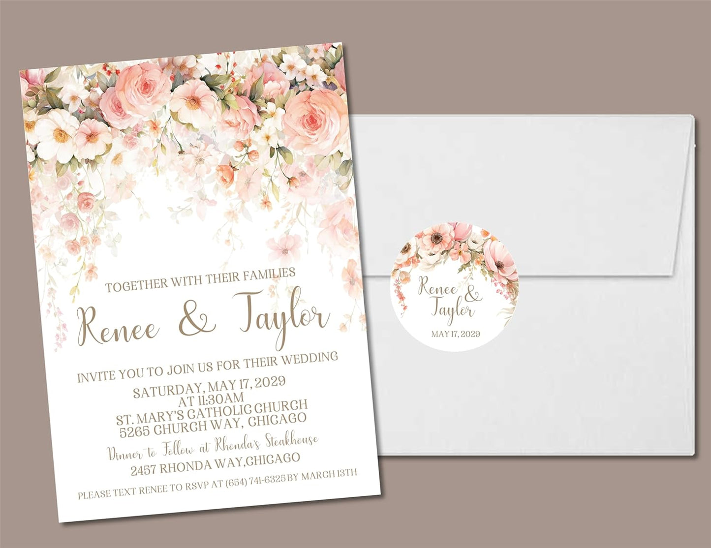 Peach & Blush Wildflower Wedding Invitations, Pastel Garden, Personalized, Set of 12 Invitations with Envelopes