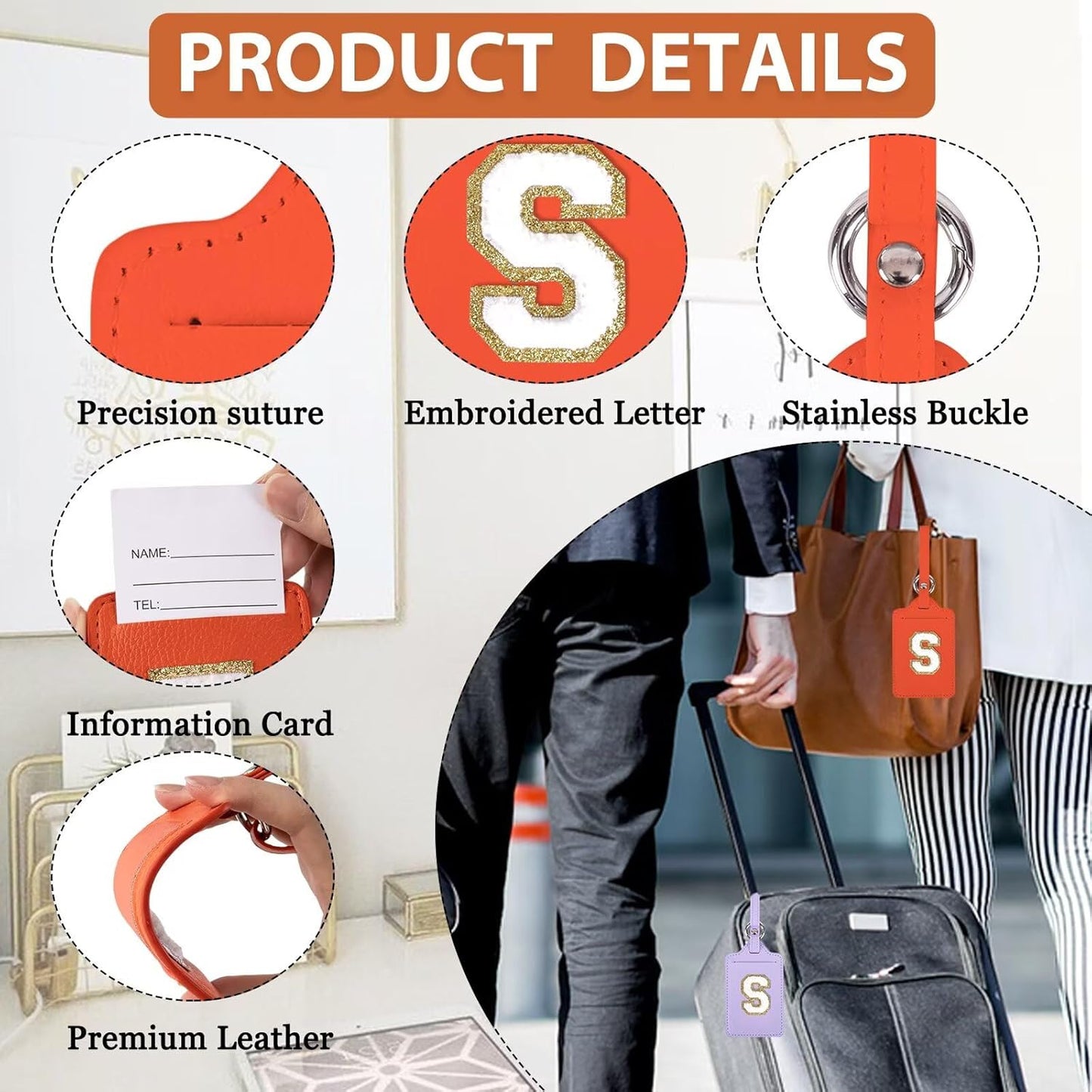XSUIOY Personalized Initial Luggage Tags, Leather Chenille Letter Cute Luggage Tags with Privacy Name Card, Embroidered Travel Bag Backpack Tags Gifts for Women Kids Girls Teens (Orange, 1 Pack)