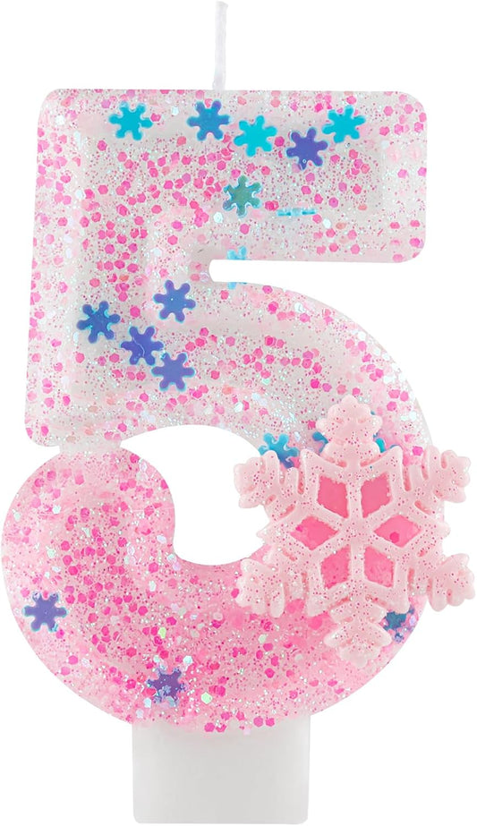 Pink Frozen Snow Themed Birthday Candles,Pink Snowflake Number 4th Birthday Candle for Party Supplies,Winter Frozen Birthday Party Number 5 Cake Topper Decorations