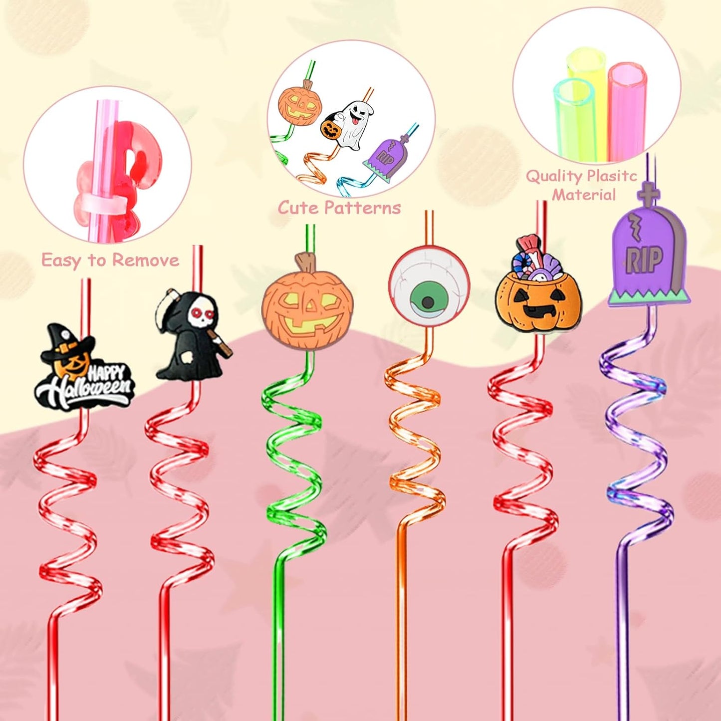 30Pcs Halloween Drinking Straws Reusable Party Favors Pumpkin Skull Ghost Witch Theme Drinking Straws with Cartoon Decoration for Kids Halloween Party Supplies, 15 Styles