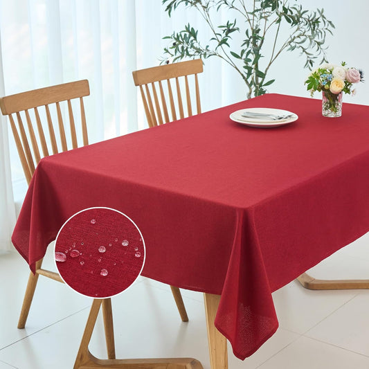 maxmill Rectangle Linen Textured Tablecloth Waterproof Spillproof Wrinkle Free Table Cloth, Kitchen Dining Christmas Tabletop Decoration Washable Fabric Table Cover Holiday Dinner, 52 x 84 Inch, Red