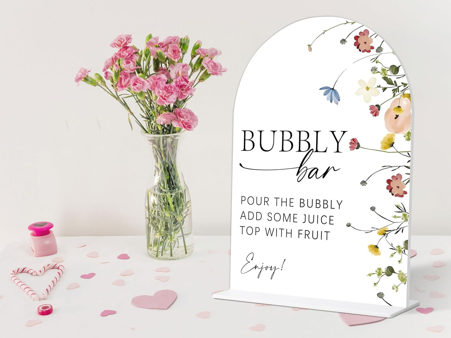 Bubbly Bar Sign, Flower Style Bubbly Bridal Shower Sign for Wedding, Engagement, Bridal Shower and Reception, Bridal Shower Decorations, Wedding Shower Favors, 6X8 Inch Acrylic Arch Sign with Stand,28