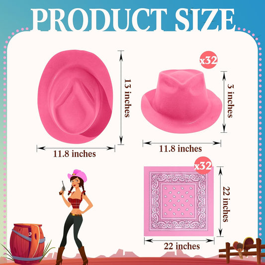 Hillban 72 Pcs Western Cowboy Hat and Paisley Bandana Set for Kids Felt Cowboy Party Hats for Costume Party Favors(Pink)