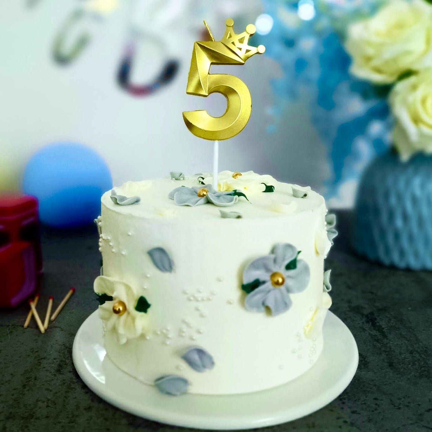 Number 5 Birthday Candle Five Years Old Happy Birthday Number Candles Cake Topper Decorations 3D Crown (Crown-5, Gold)