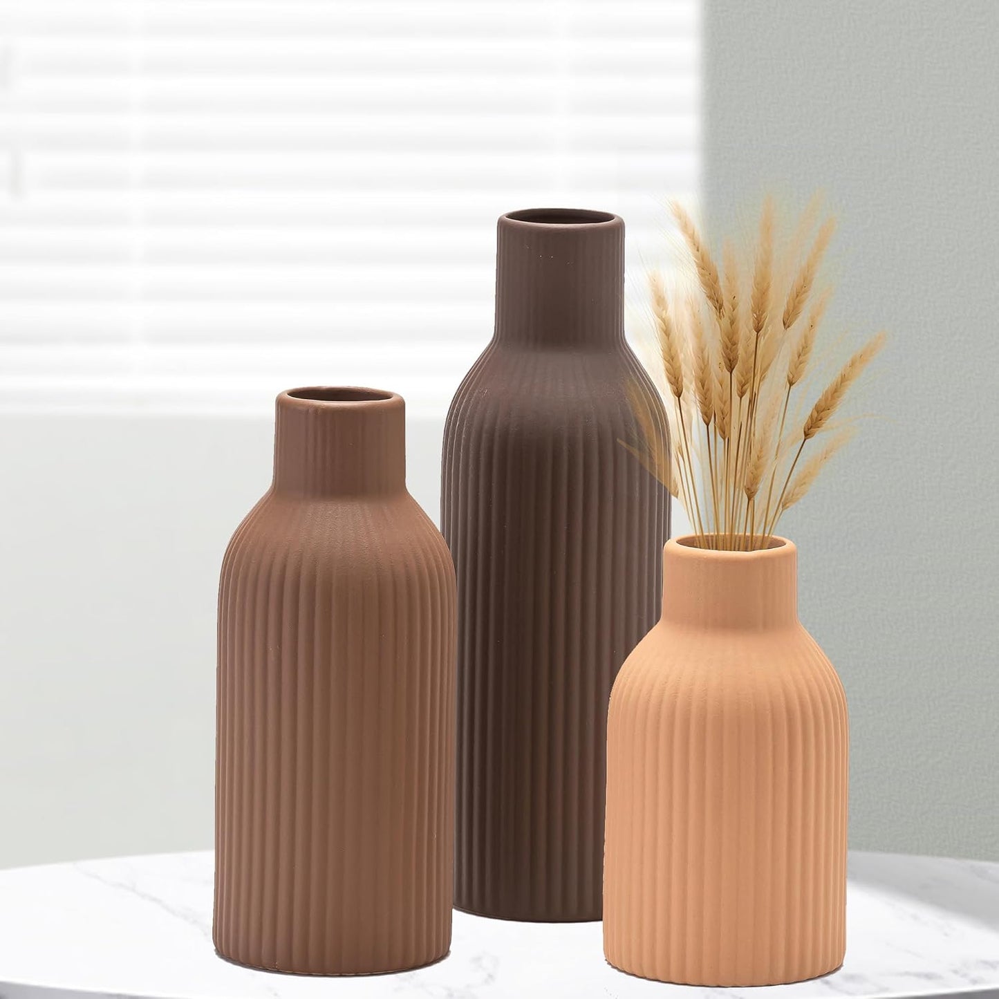 Ceramic Vase Set of 3, Modern Minimalist Ribbed Small Flower Vase Table Centerpiece Decorative for Home Decor Farmhouse Christmas Colorful