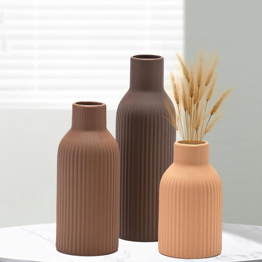 Ceramic Vase Set of 3, Modern Minimalist Ribbed Small Flower Vase Table Centerpiece Decorative for Home Decor Farmhouse Christmas Colorful
