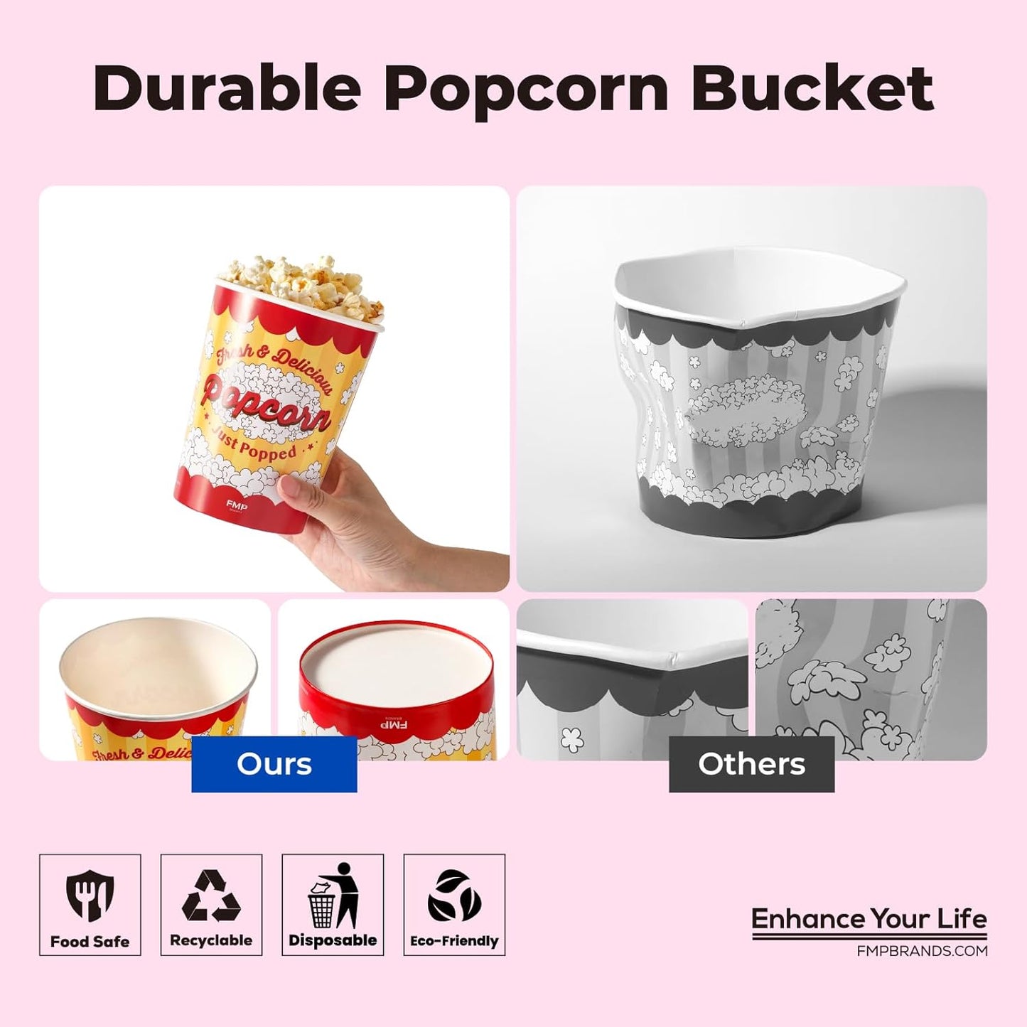 Fit Meal Prep 500 Pack Classic Paper Popcorn Buckets Disposable, 32 Oz Grease Resistant Popcorn Bowls Cups for Machine Home Theater Carnival Movie Night