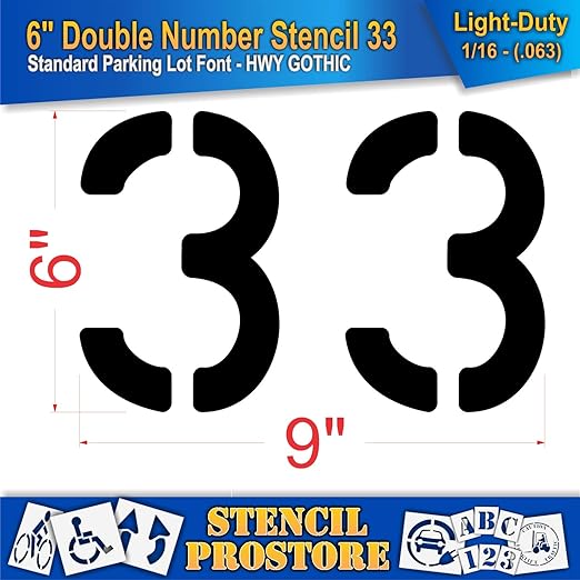 Pavement, Curb, and WheelStop Stencils - 6 inch Double Number Stencil - (33) - 6" x 9" x 1/16" (63 mil) - Light-Duty