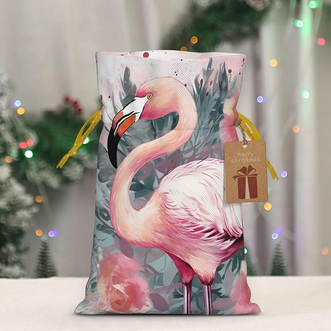 QSMJKLD Drawstring Christmas Gift Bags Vintage Boho Flamingo Florals Gift Bag Burlap Xmas Candy Pouch Reusable Christmas Wrapping Bag Xmas Party Favor Bags for Holiday Wrapping Presents Medium