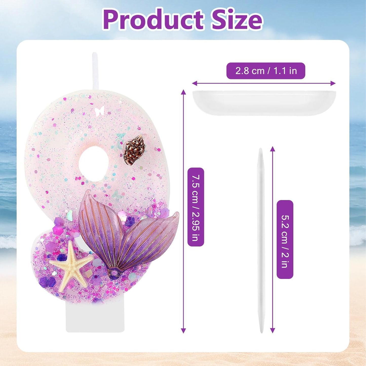 Purple Number 9 Candles Mermaid Birthday Candle 9th Birthday Cake Topper Cupcake Decorations for Girls and Women Party Decor Anniversary Celebrations Supplies Favors