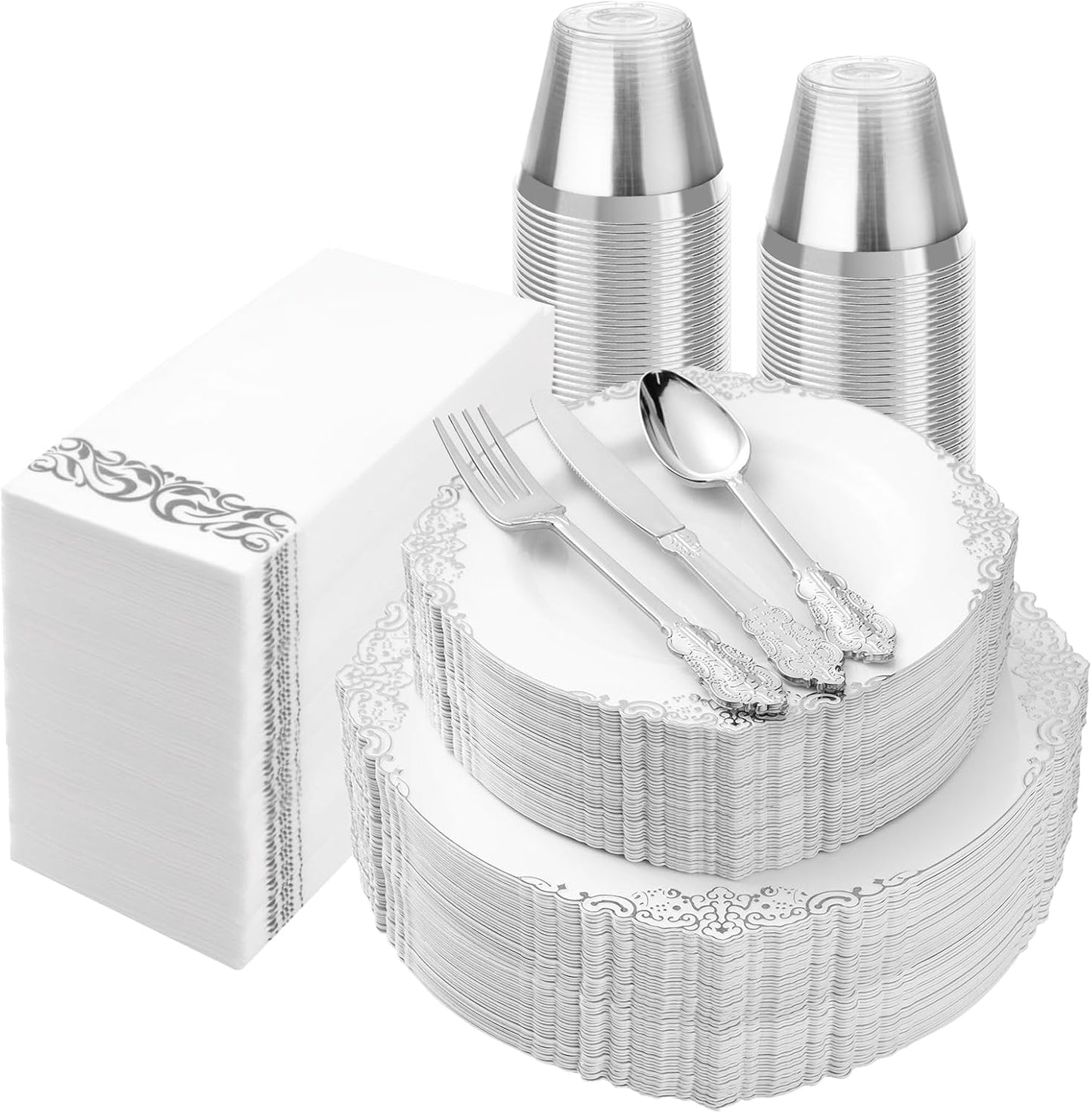 350PCS Silver Plastic Plates for 50 Guests, Disposable Dinnerware Set Includes 100 Disposable Plates, 150 Silver Silverware, 50 Cups, 50 Napkins for Party & Wedding