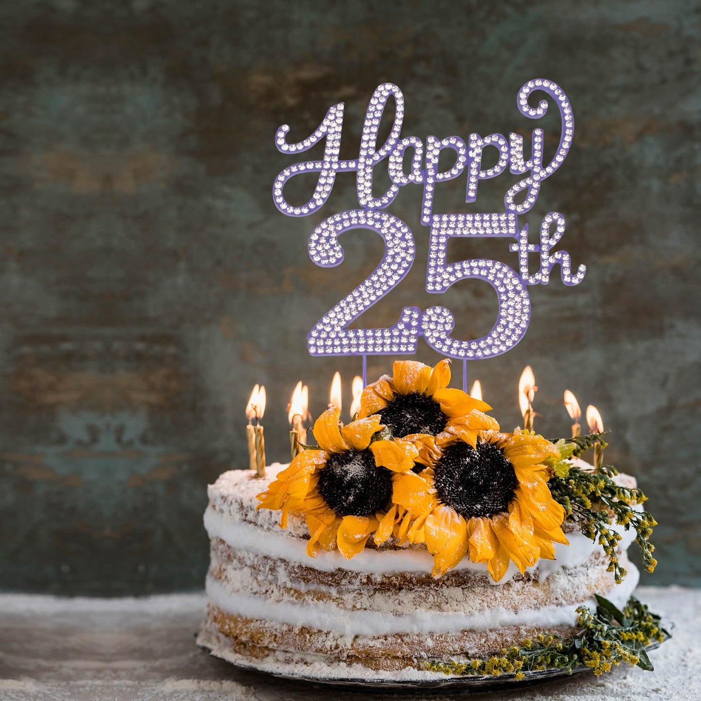 Happy 25th Birthday Purple Rhinestone Cake Topper - 25th Birthday/Anniversary,Cheers to 25 Years Old Bday Party Metal Sparkly Centerpieces Decorations.