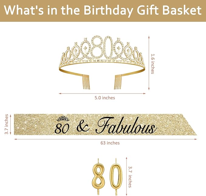 80th Birthday Decorations for Women Gold with Sash and Tiara, Gold Number Candles, 80th Birthday Gifts for Women