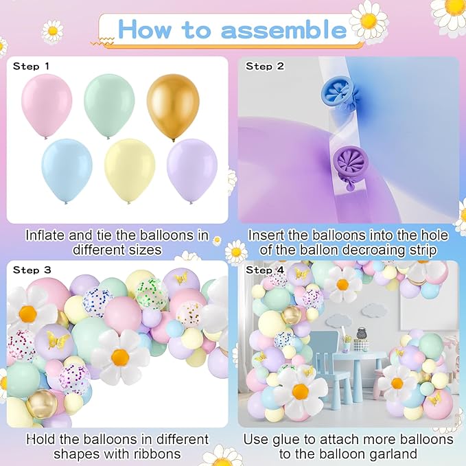 VinTS 150 PCS Daisy Pastel Balloon Garland Kit,White Daisy Flower Macaron Pastel Balloons Garland with Butterfly Stickers for Mothers Day Spring Easter Baby Shower Decoration