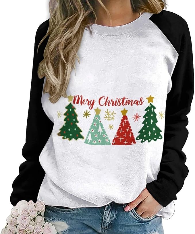 LOAIHA Christmas Sweatshirts for Women Christmas Tree Graphic Shirt Xmas Long Sleeve Merry Christmas Pullover Blouse