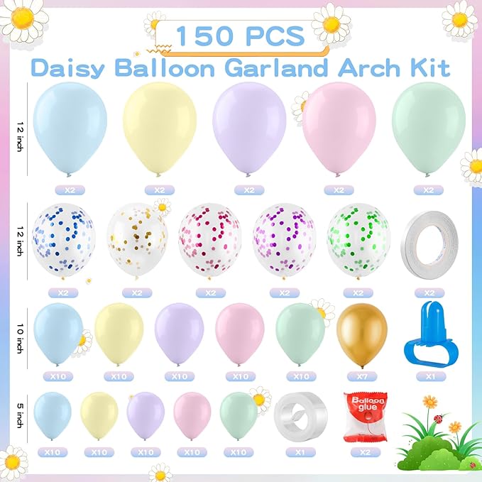 VinTS 150 PCS Daisy Pastel Balloon Garland Kit,White Daisy Flower Macaron Pastel Balloons Garland with Butterfly Stickers for Mothers Day Spring Easter Baby Shower Decoration