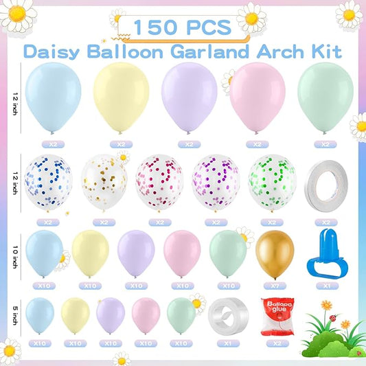 VinTS 150 PCS Daisy Pastel Balloon Garland Kit,White Daisy Flower Macaron Pastel Balloons Garland with Butterfly Stickers for Mothers Day Spring Easter Baby Shower Decoration
