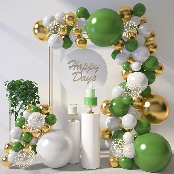 LovesTown Sage Green Balloon Garland Kit, 150PCS Arch Kit Different Sizes Latex Balloons Gold Olive Green Confetti Metallic Balloons for Jungle Woodland Theme Party Decorations