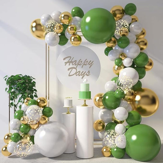 LovesTown Sage Green Balloon Garland Kit, 150PCS Arch Kit Different Sizes Latex Balloons Gold Olive Green Confetti Metallic Balloons for Jungle Woodland Theme Party Decorations