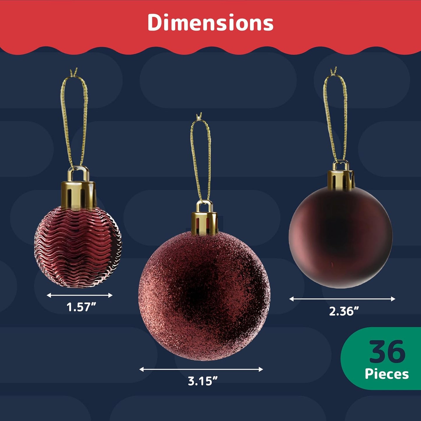PREXTEX Wine Red Christmas Ornaments Set - 36 Shatterproof Wine Colored Ornaments for Christmas Tree, Holiday, Wreath, and Party Decor - Includes Small, Medium, Large Dark Red Christmas Balls