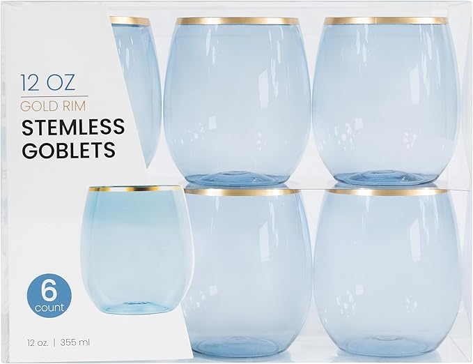 PLASTICPRO 6 Pack Blue With Gold Rim Plastic Wine Glasses Stemless Disposable 12 oz BPA Free Shatterproof Plastic Wine Cups Wine Glasses for Parties