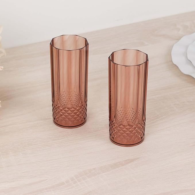 Efavormart 6-Pack Plastic Highball Glasses, 14oz Shatterproof Crystal Cut Drink Glasses for Kitchen Mojito Whiskey Cocktail, Dusty Rose