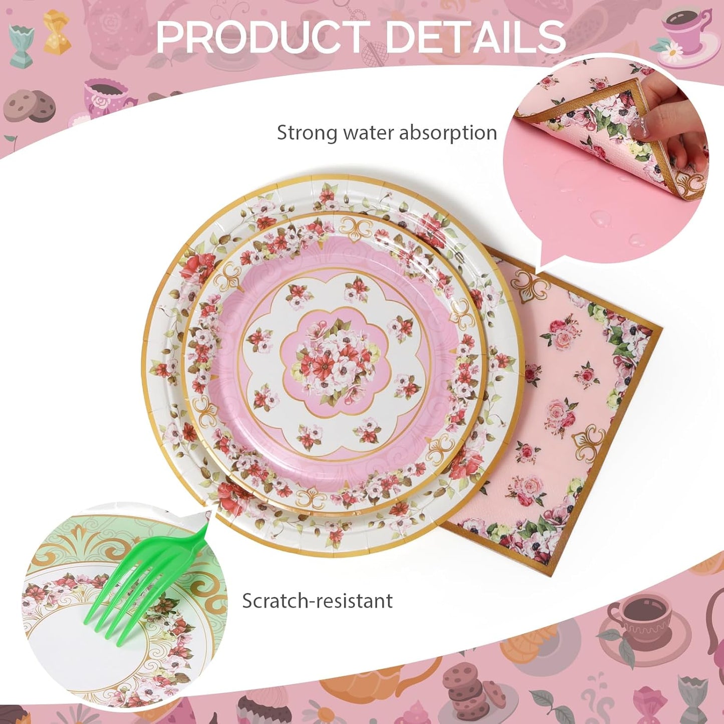 96pcs Tea Party Plates and Napkins Cups Fancy Paper Plates Round Disposable Tableware Set for 24 Guest Gold Border Retro Gorgeous Picnic Wedding Kids Birthday Party Supplies Decorations