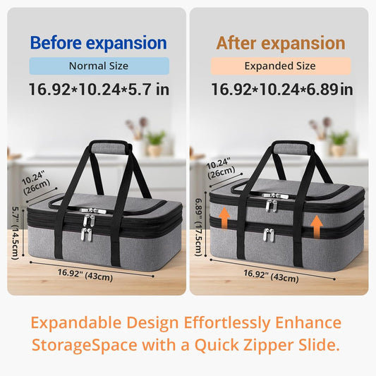 Double Insulated Casserole Carrier - Portable Casserole Carriers for Hot or Cold Food Lunch Tote Warmer or Cooler Bag for Potluck Parties Picnic Cookouts, Fits 9" x 13" Baking Dish - Grey