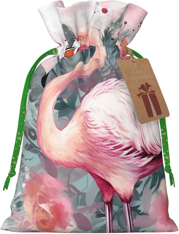 QSMJKLD Drawstring Christmas Gift Bags Vintage Boho Flamingo Florals Gift Bag Burlap Xmas Candy Pouch Reusable Christmas Wrapping Bag Xmas Party Favor Bags for Holiday Wrapping Presents Medium