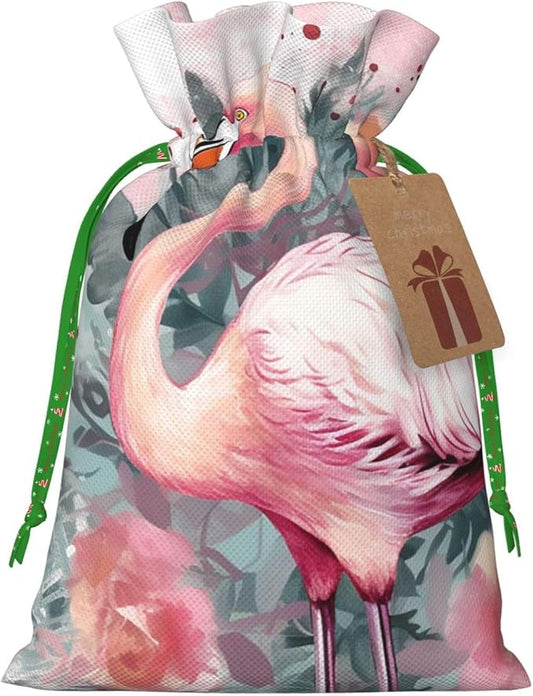 QSMJKLD Drawstring Christmas Gift Bags Vintage Boho Flamingo Florals Gift Bag Burlap Xmas Candy Pouch Reusable Christmas Wrapping Bag Xmas Party Favor Bags for Holiday Wrapping Presents Medium