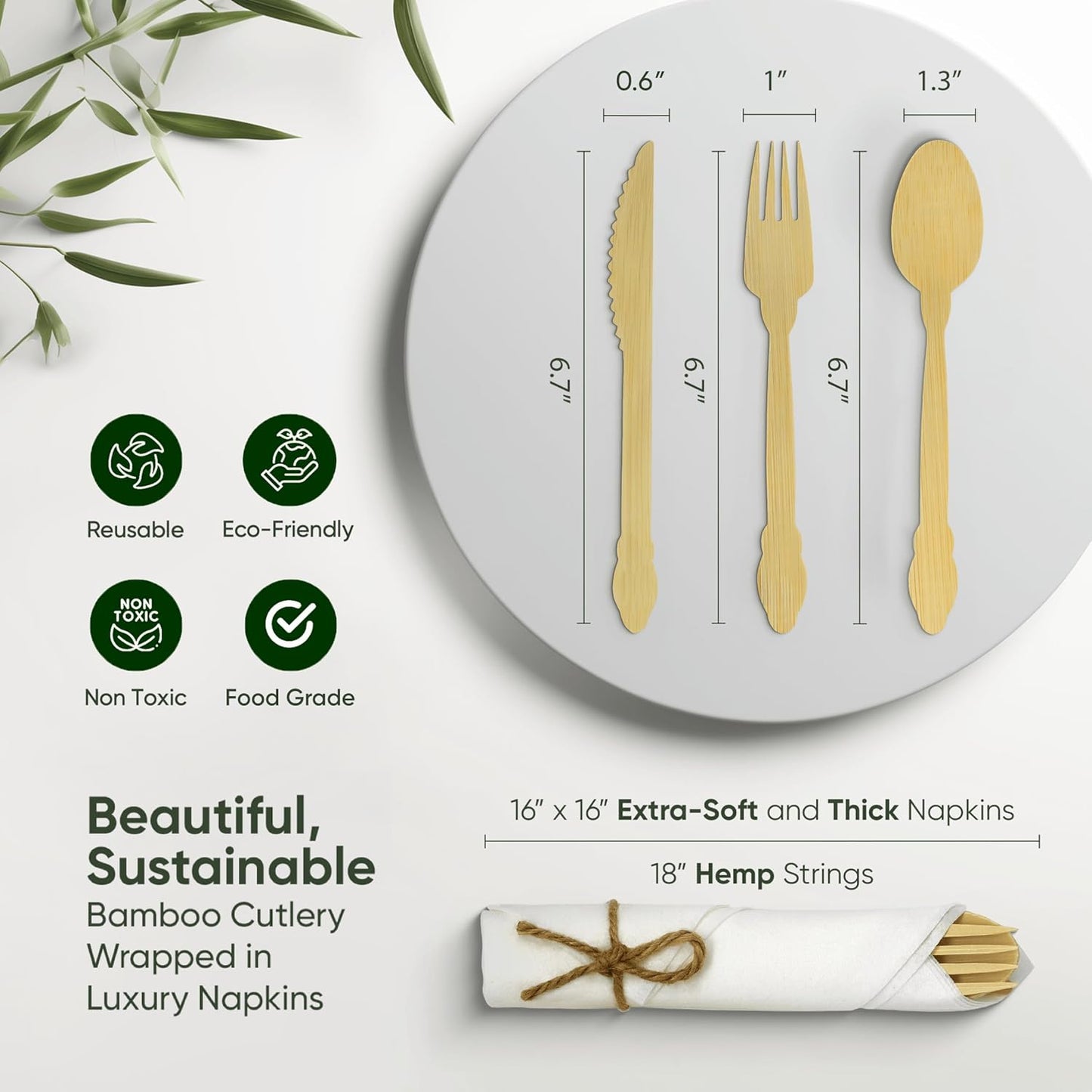 Luxury Pre-Rolled Napkin and Bamboo Cutlery Set (30 Pack, 120 PCS) 100% Biodegradable, Eco-Friendly, Disposable Wrapped Cutlery - Includes Pre-Wrapped Bamboo Forks, Knives, Spoons, & Napkins